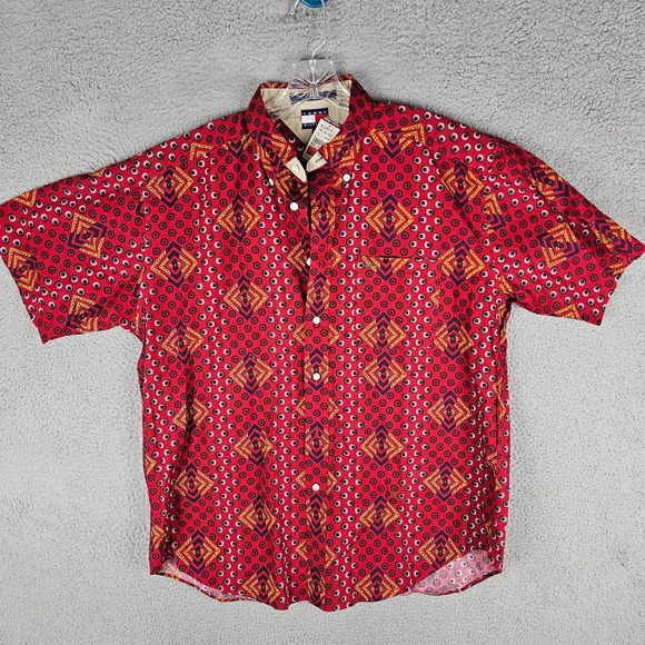 Vintage Tommy Hilfiger Shirt Mens Large Red Geo Print Short Sleeve Button Down - Picture 1 of 8